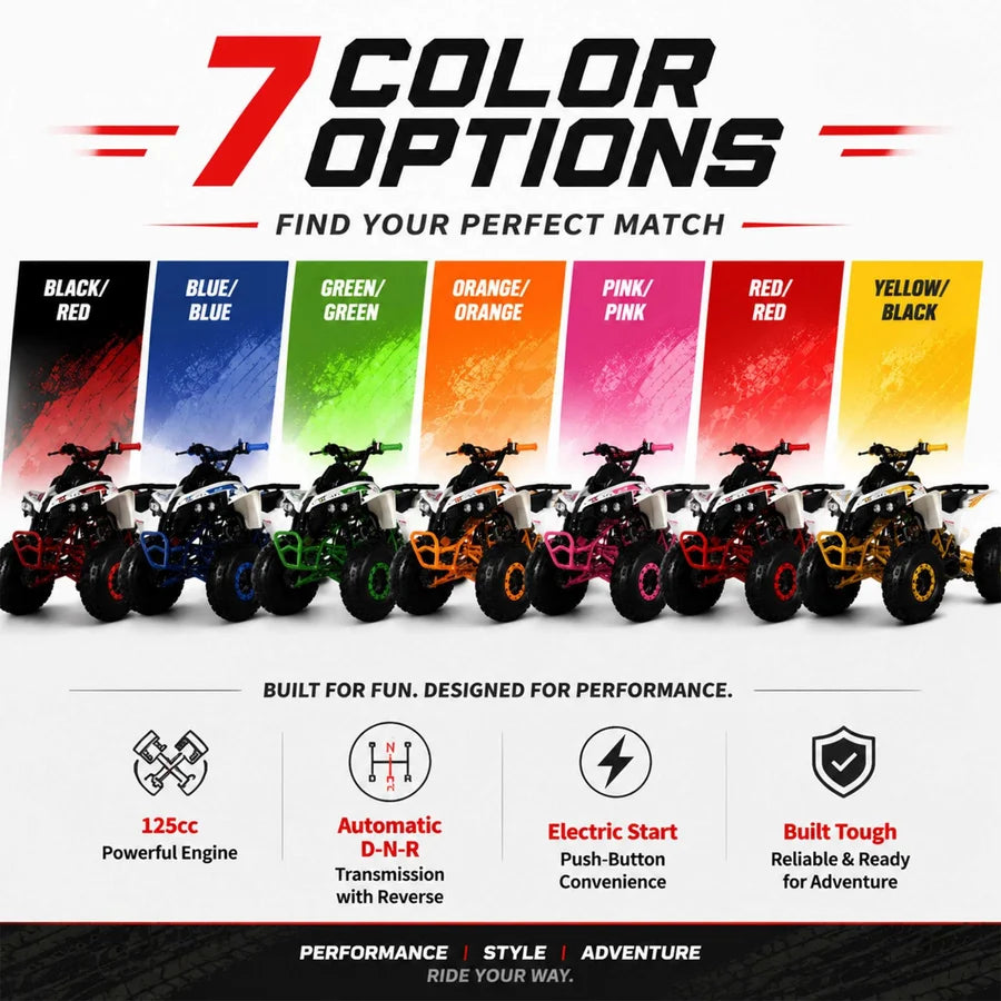 X-PRO Storm 125cc ATV with Automatic Transmission w/Reverse, LED Headlights, Electric Start, Big 19in/18in Tires!
