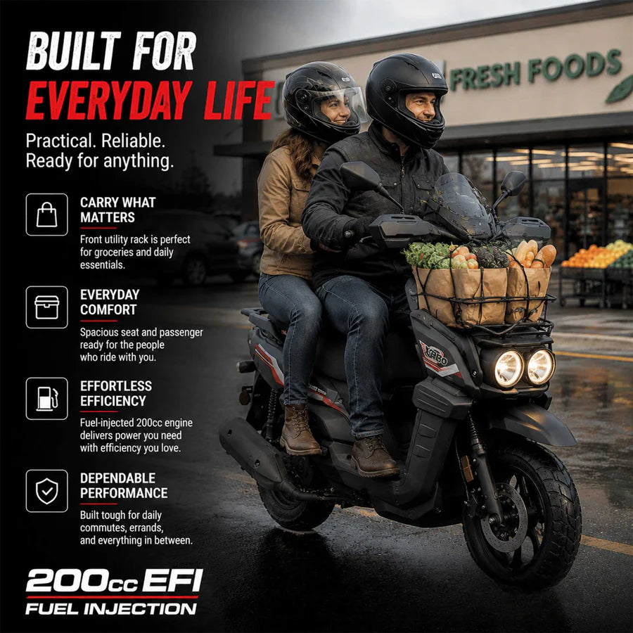 X-PRO TANK 200 EFI Electronic Fuel Injection Moped Scooter with 12" Alloy Wheels! LED Lights!