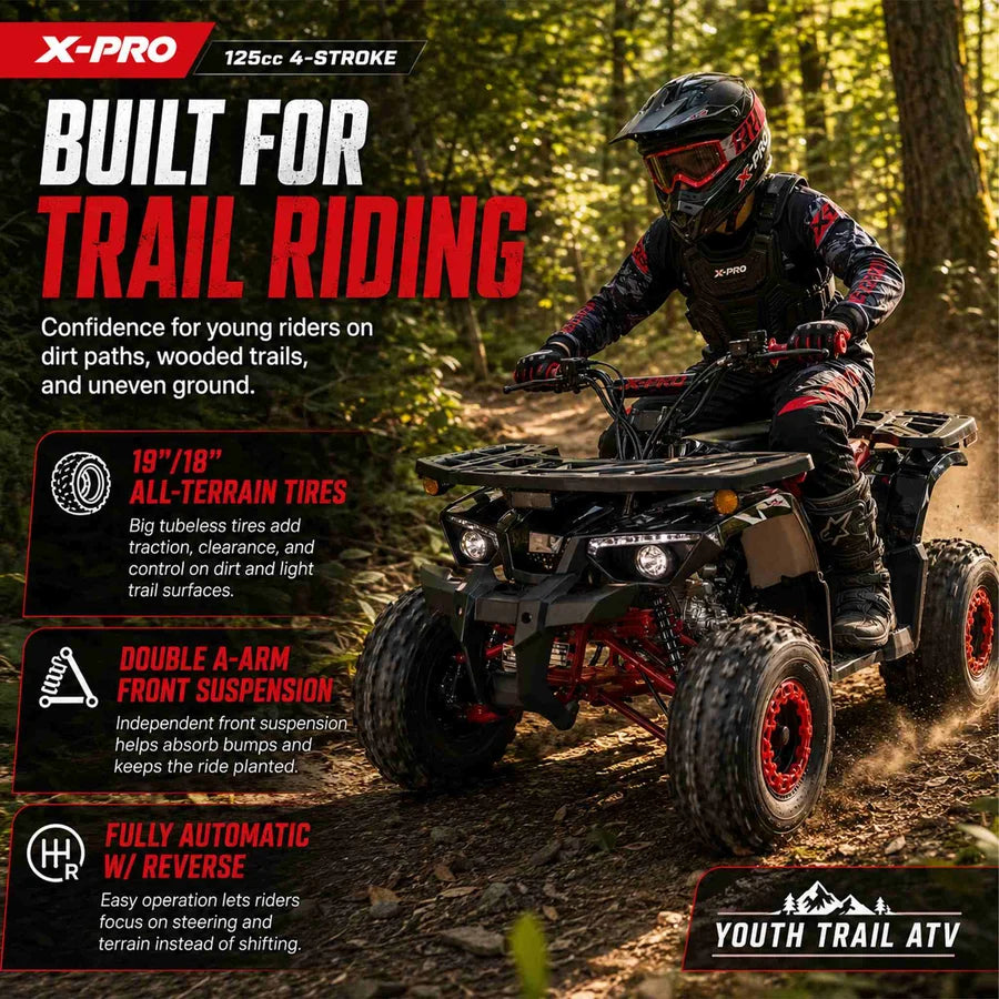 X-PRO Orca 125cc ATV with Automatic Transmission w/Reverse, LED Headlights, Electric Start, Big 19"/18" Tires!