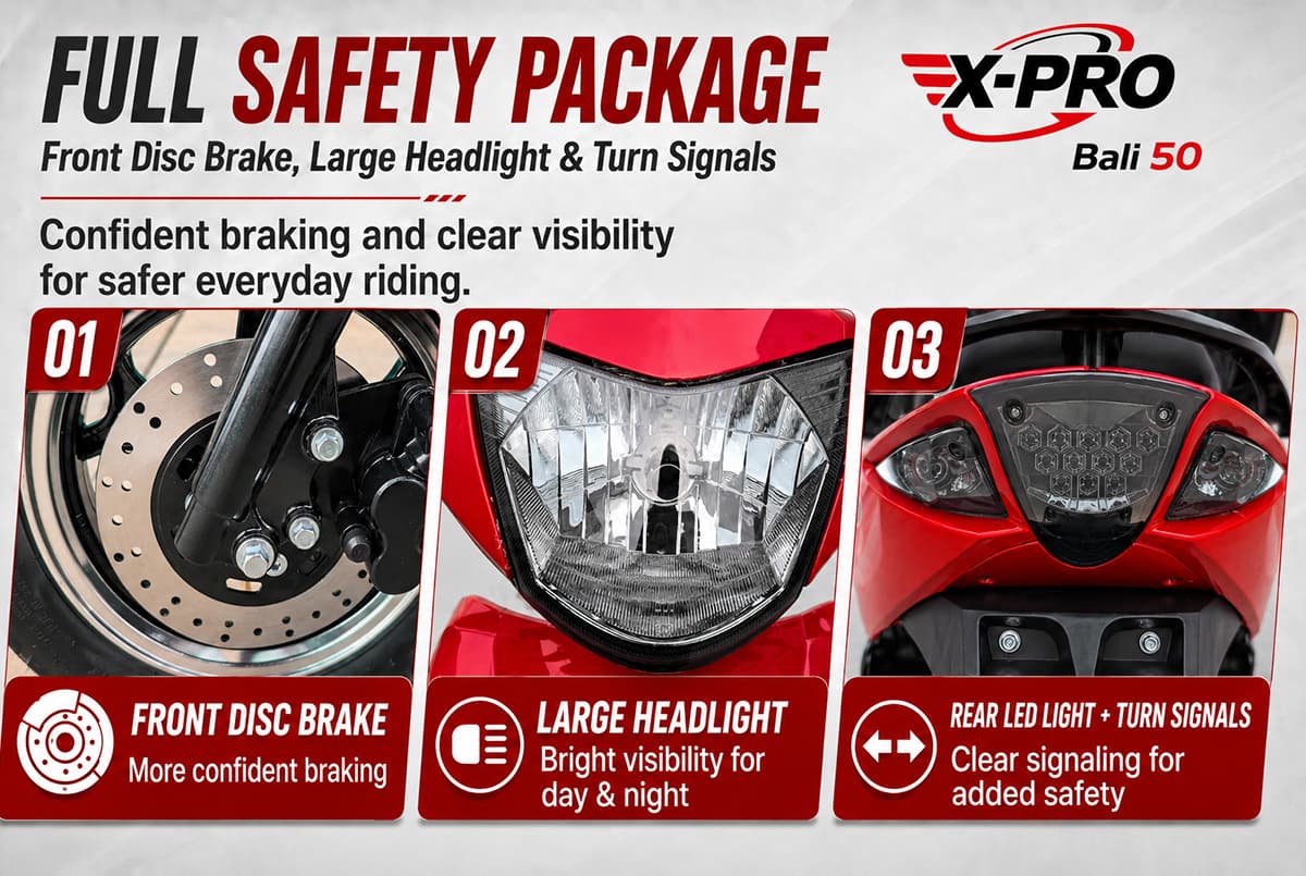 X-PRO Bali 50cc Moped Scooter with 10" Wheels! Electric/Kick Start! Large LED Headlights!