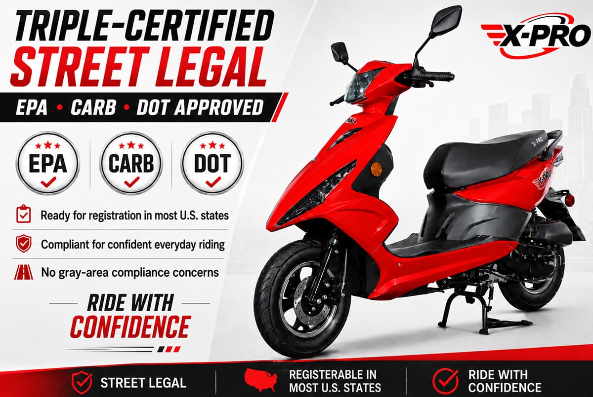 X-PRO Bali 50cc Moped Scooter with 10" Wheels! Electric/Kick Start! Large LED Headlights!