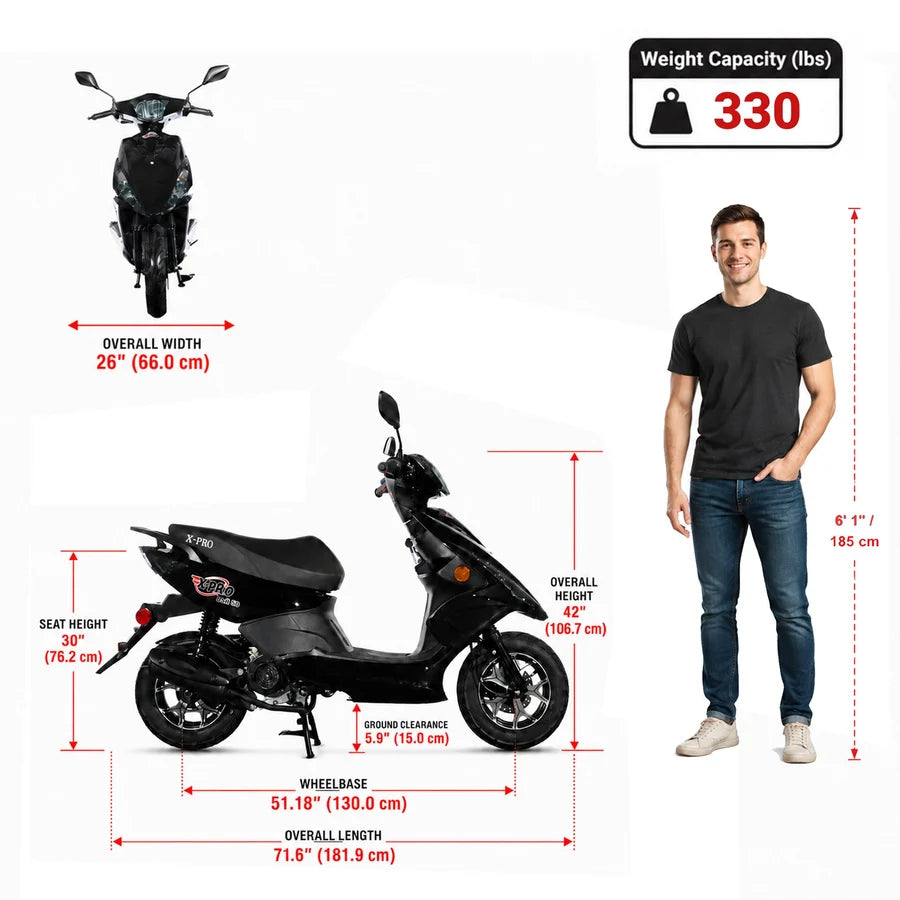 X-PRO Bali 50cc Moped Scooter with 10" Wheels! Electric/Kick Start! Large LED Headlights!