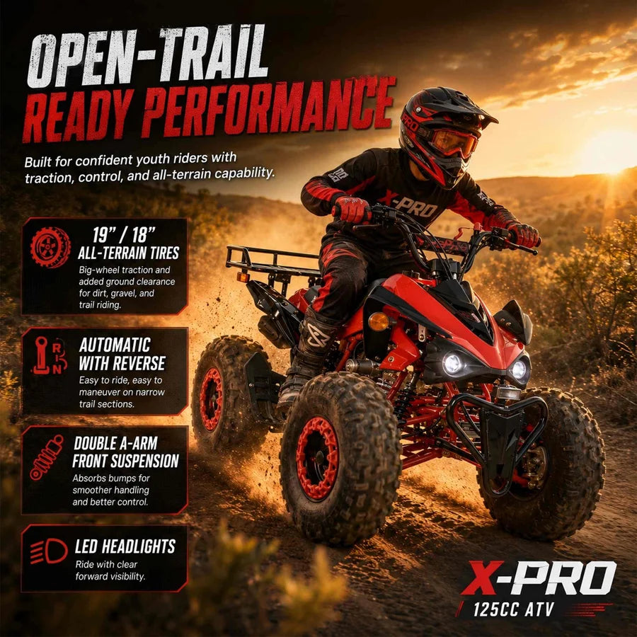 X-PRO Blast 125cc ATV with Automatic Transmission w/Reverse, LED Headlights, Big 19in/18in Tires!