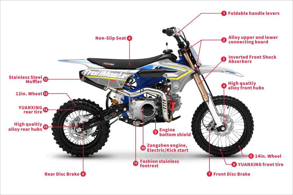 TrailMaster MK110ES Pro Series Dirt Bike, BOSCH EFI, 4-Speed Automatic, Electric Start, Dual Disc Brakes, (14/12) Wheels