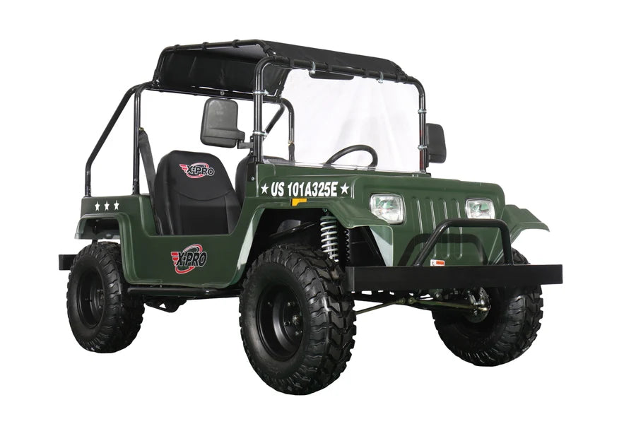 X-PRO Ridge 200 Jeep with CVT Transmission w/Reverse! with Windshield & Soft Top, 4-Wheel Disc Brakes, Big 20.5” Wheels!