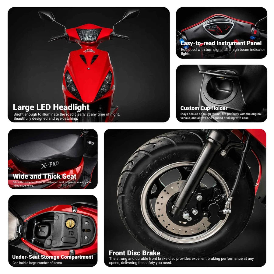 X-PRO Bali 50cc Moped Scooter with 10" Wheels! Electric/Kick Start! Large LED Headlights!