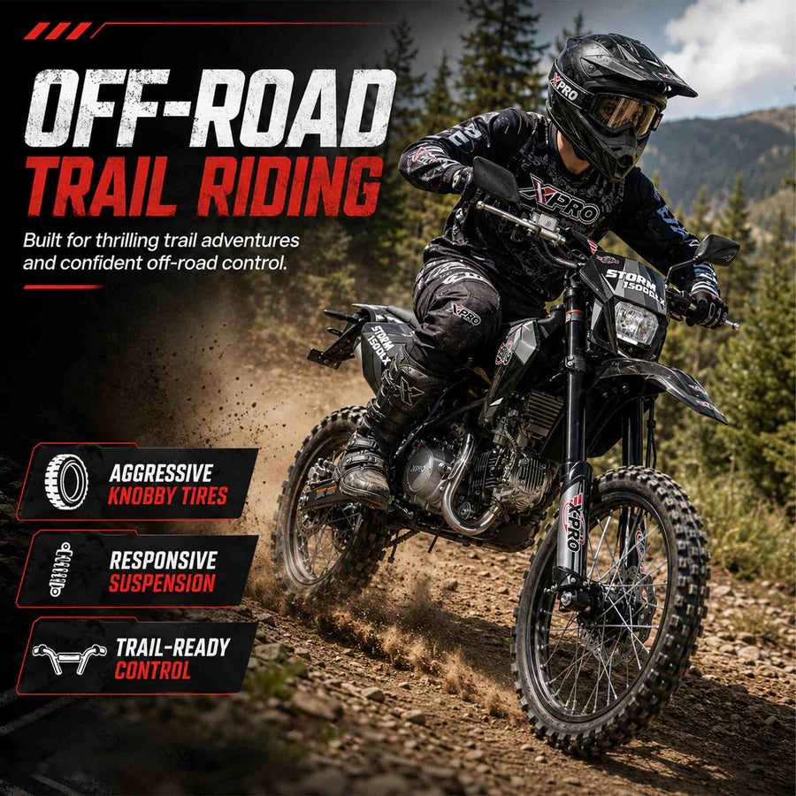 X-PRO Storm DLX 150 Dirt Bike with All Lights, 4-Speed Manual Transmission, Electric/Kick Start, Big 19in/16in Tires!