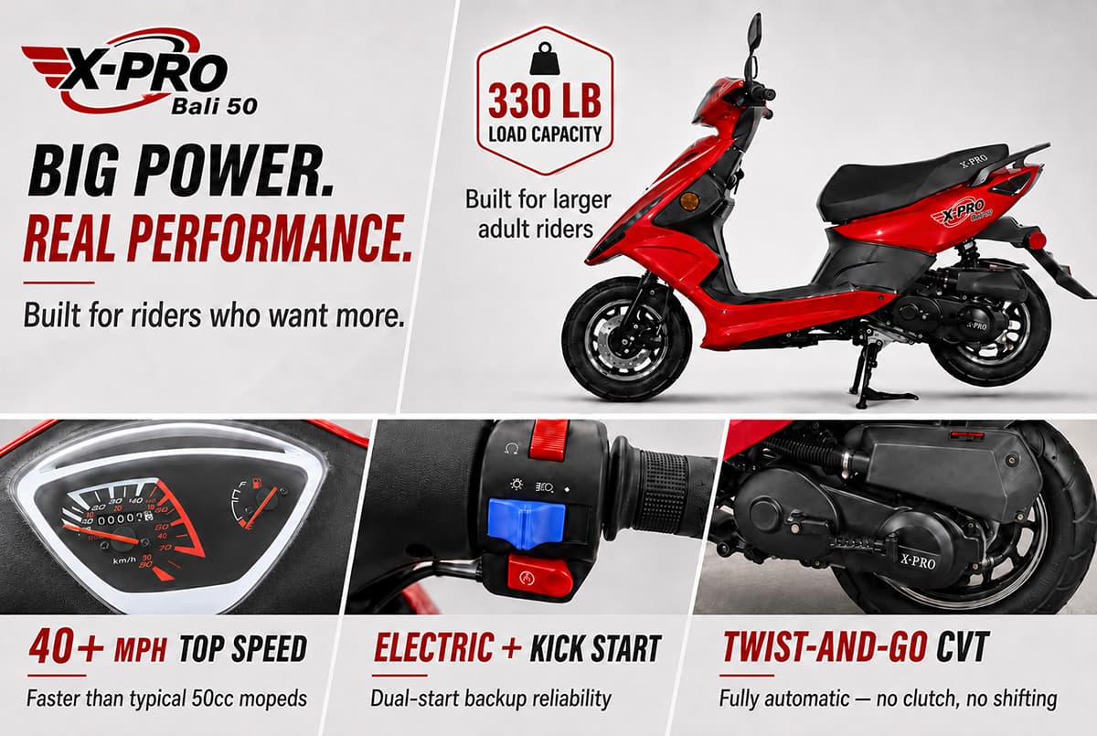 X-PRO Bali 50cc Moped Scooter with 10" Wheels! Electric/Kick Start! Large LED Headlights!