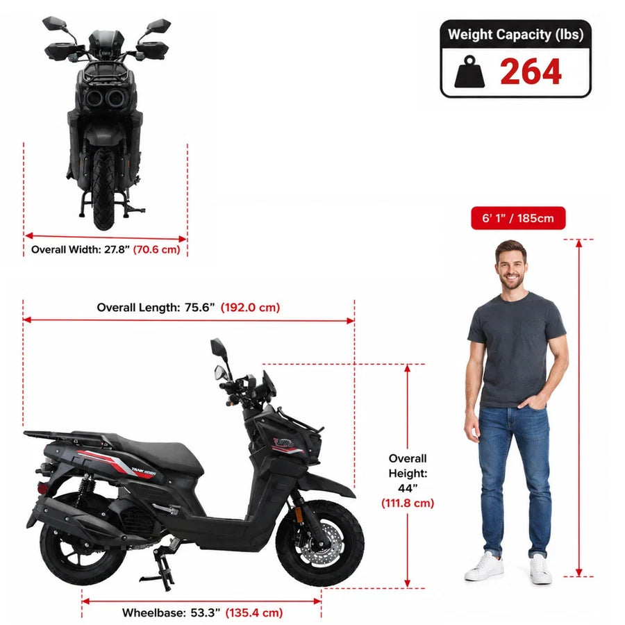 X-PRO TANK 200 EFI Electronic Fuel Injection Moped Scooter with 12" Alloy Wheels! LED Lights!