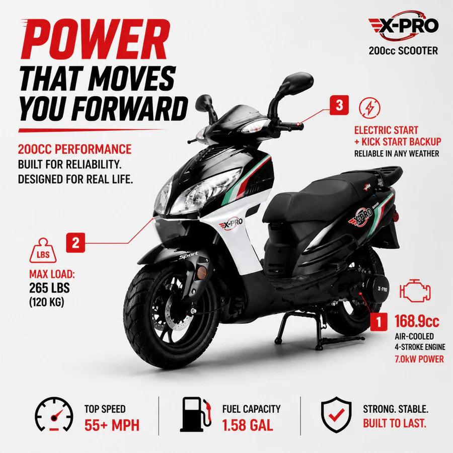 X-PRO Fiji 200 Moped Scooter with 13" Aluminum Wheels! Electric/Kick Start!