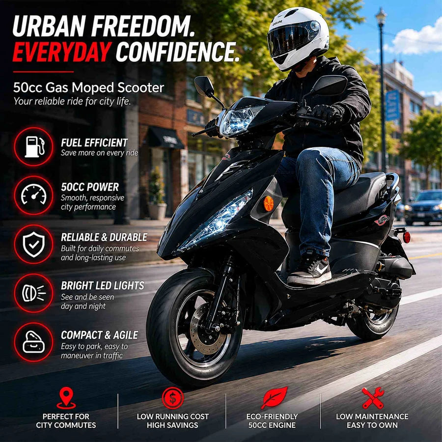 X-PRO Bali 50cc Moped Scooter with 10" Wheels! Electric/Kick Start! Large LED Headlights!