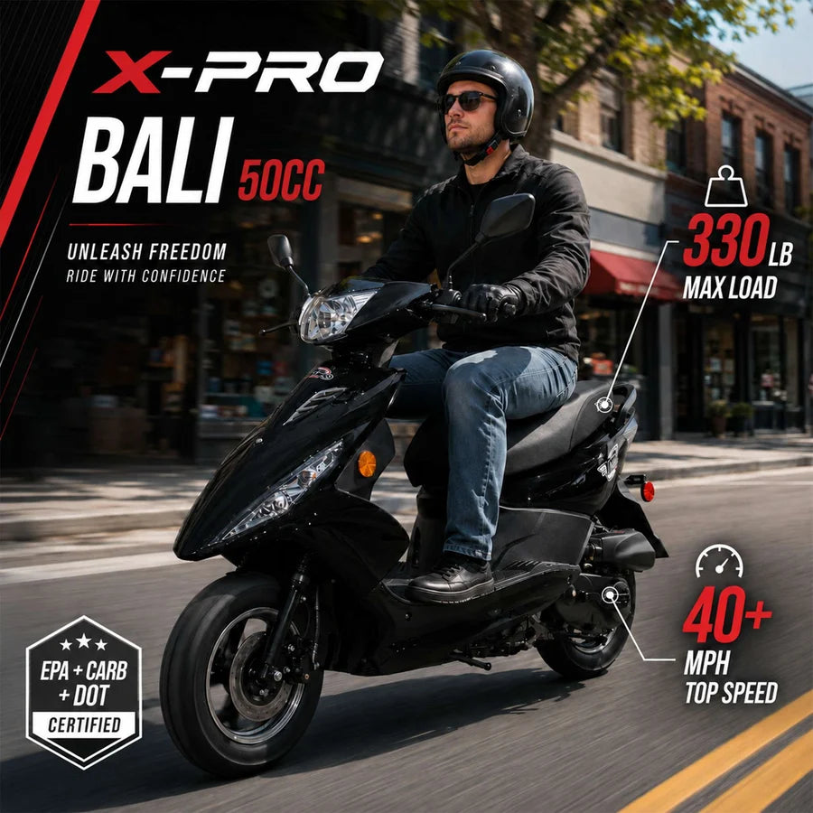 X-PRO Bali 50cc Moped Scooter with 10" Wheels! Electric/Kick Start! Large LED Headlights!