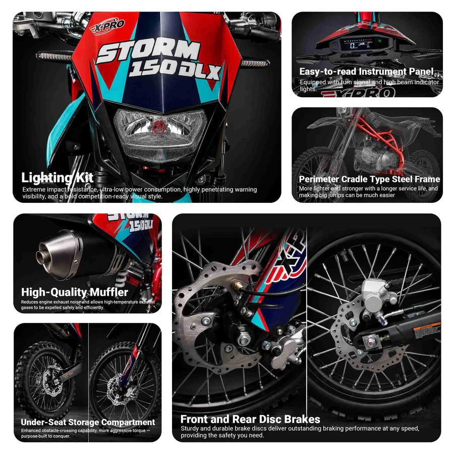 X-PRO Storm DLX 150 Dirt Bike with All Lights, 4-Speed Manual Transmission, Electric/Kick Start, Big 19in/16in Tires!