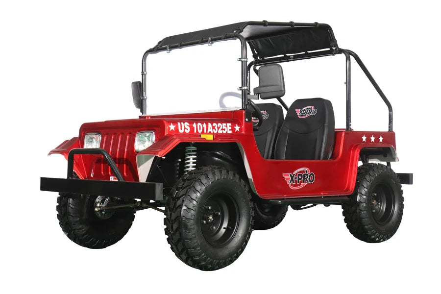 X-PRO Ridge 200 Jeep with CVT Transmission w/Reverse! with Windshield & Soft Top, 4-Wheel Disc Brakes, Big 20.5” Wheels!