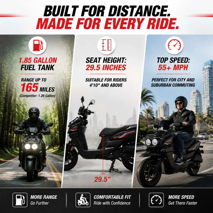 X-PRO TANK 200 EFI Electronic Fuel Injection Moped Scooter with 12" Alloy Wheels! LED Lights!