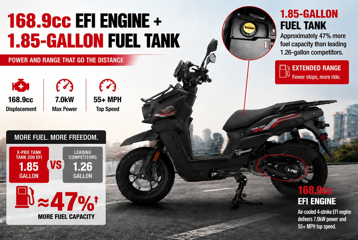 X-PRO TANK 200 EFI Electronic Fuel Injection Moped Scooter with 12" Alloy Wheels! LED Lights!