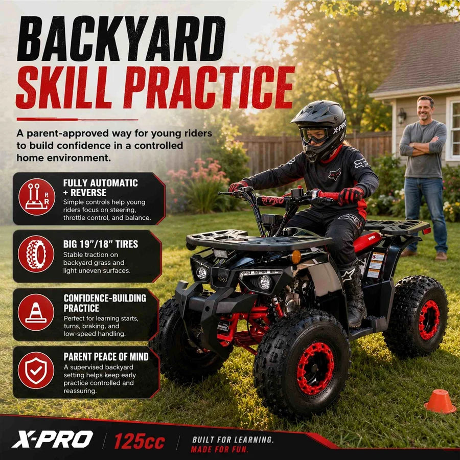 X-PRO Orca 125cc ATV with Automatic Transmission w/Reverse, LED Headlights, Electric Start, Big 19"/18" Tires!