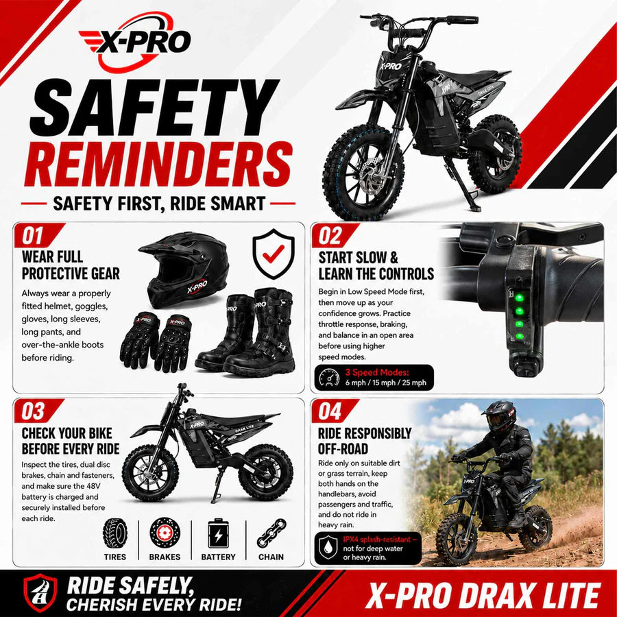 X-PRO Drax Lite 1200W 48V Electric Dirt Bike with Adjustable Speed!