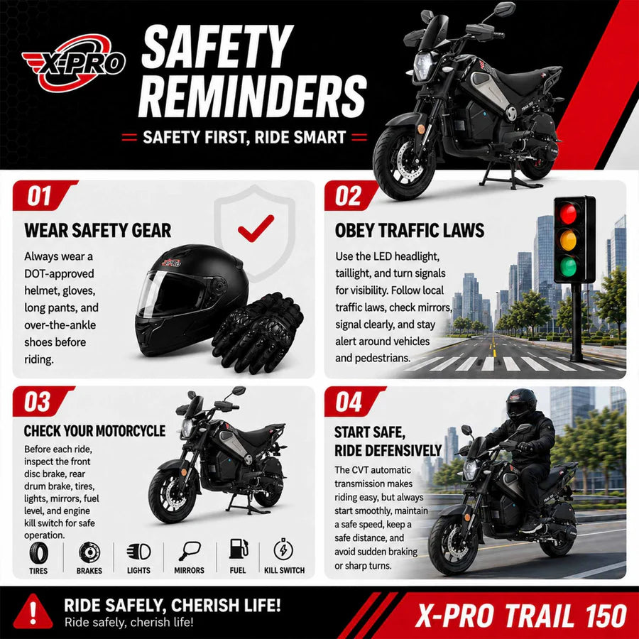 X-PRO Trail 150 Motorcycle with Automatic Transmission, Electric/Kick Start! 12"/10" Aluminum Wheels! LED Lights!