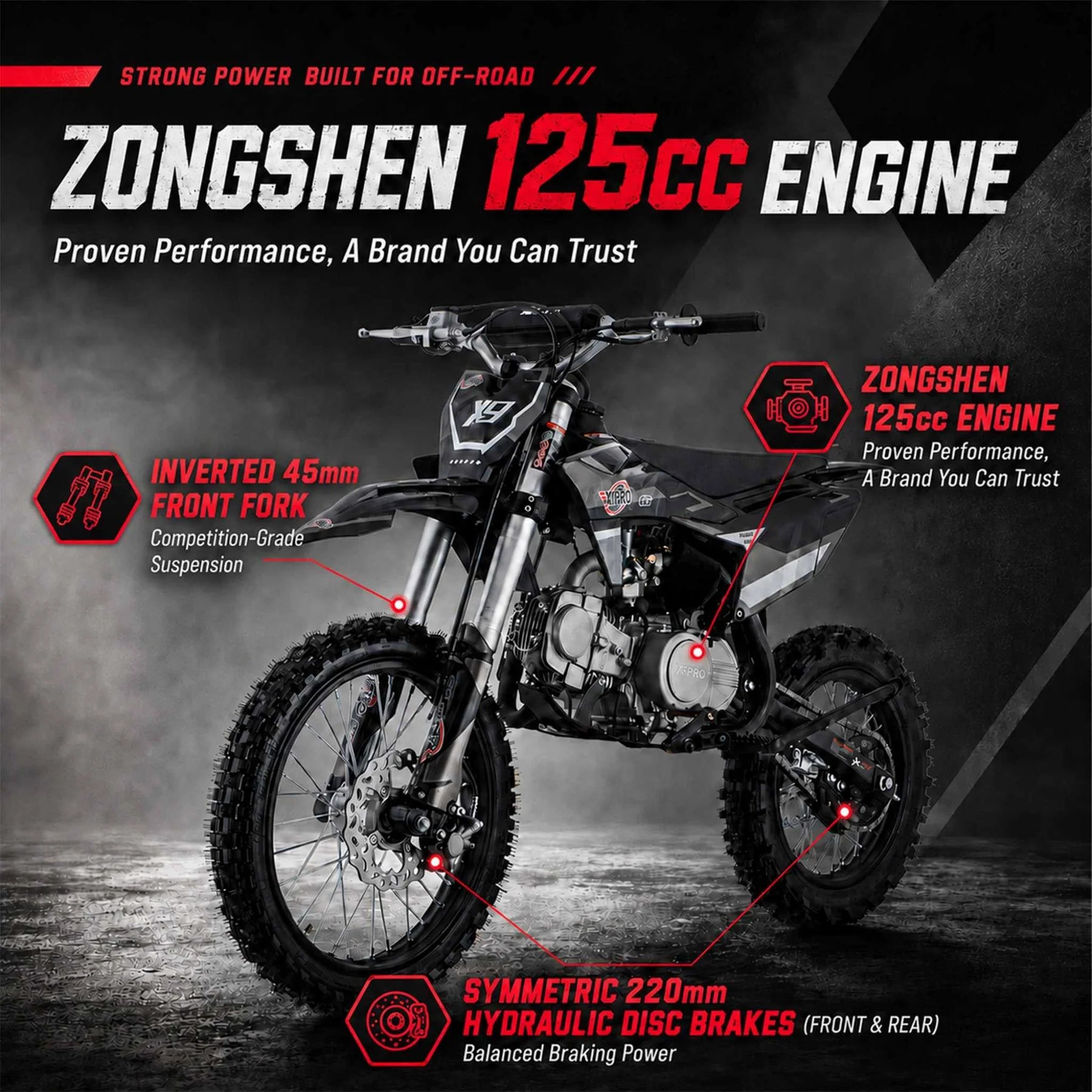 X-PRO X9 125cc Dirt Bike with 4-Speed Manual Transmission, Kick Start, Big 17in/14in Tires! Zongshen Brand Engine!