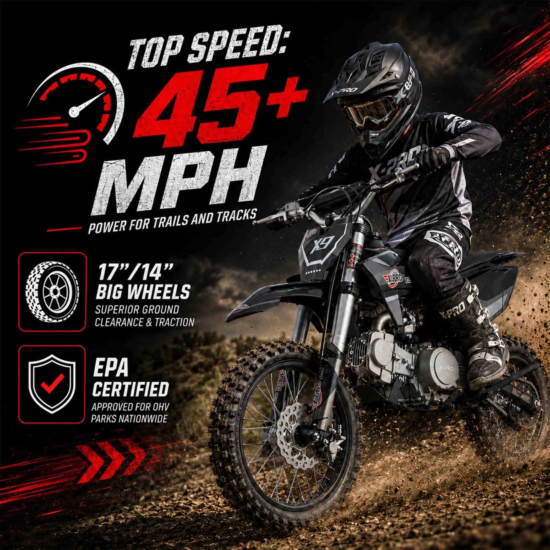 X-PRO X9 125cc Dirt Bike with 4-Speed Manual Transmission, Kick Start, Big 17in/14in Tires! Zongshen Brand Engine!
