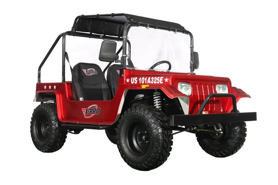 X-PRO Ridge 200 Jeep with CVT Transmission w/Reverse! with Windshield & Soft Top, 4-Wheel Disc Brakes, Big 20.5” Wheels!