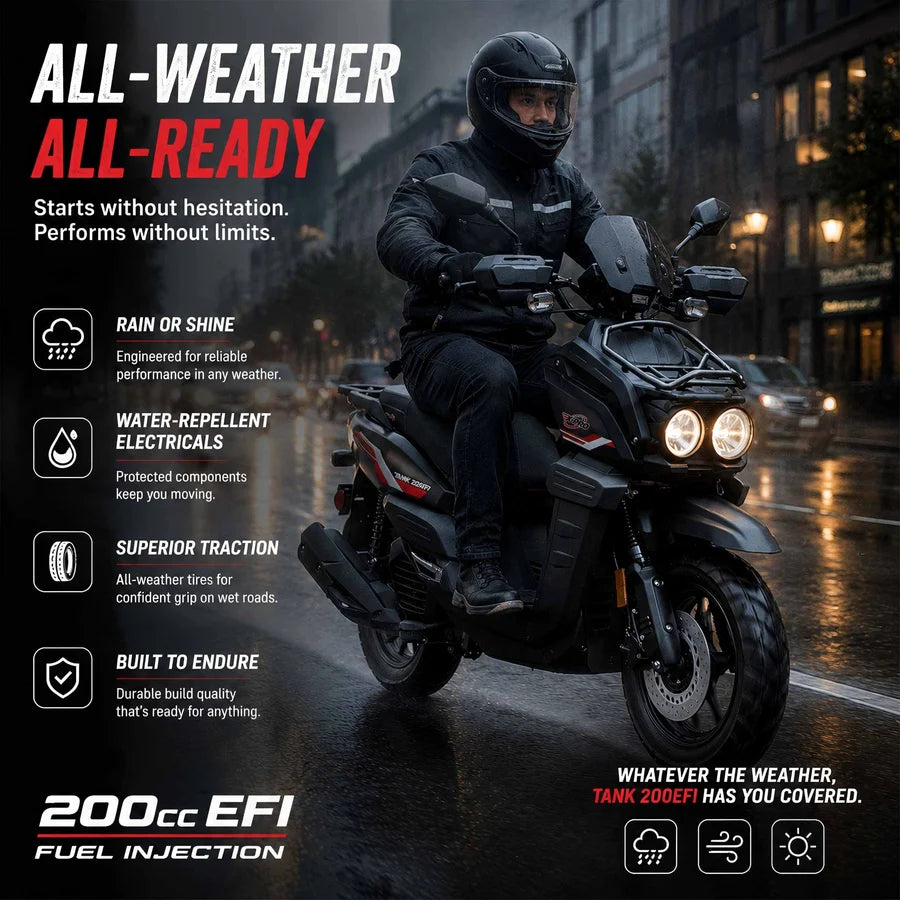 X-PRO TANK 200 EFI Electronic Fuel Injection Moped Scooter with 12" Alloy Wheels! LED Lights!