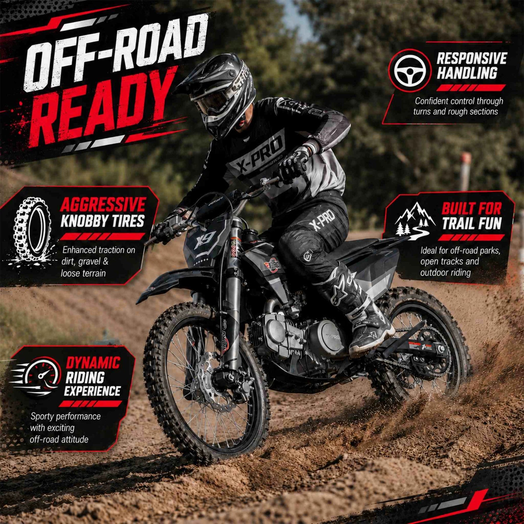 X-PRO X9 125cc Dirt Bike with 4-Speed Manual Transmission, Kick Start, Big 17in/14in Tires! Zongshen Brand Engine!