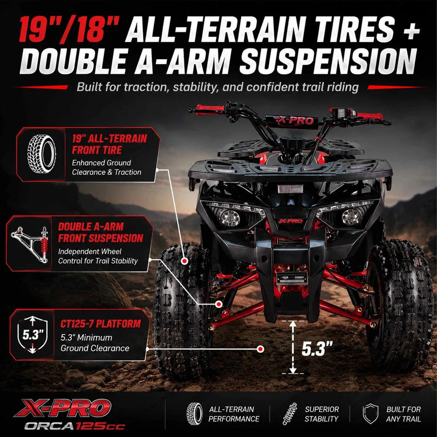 X-PRO Orca 125cc ATV with Automatic Transmission w/Reverse, LED Headlights, Electric Start, Big 19"/18" Tires!