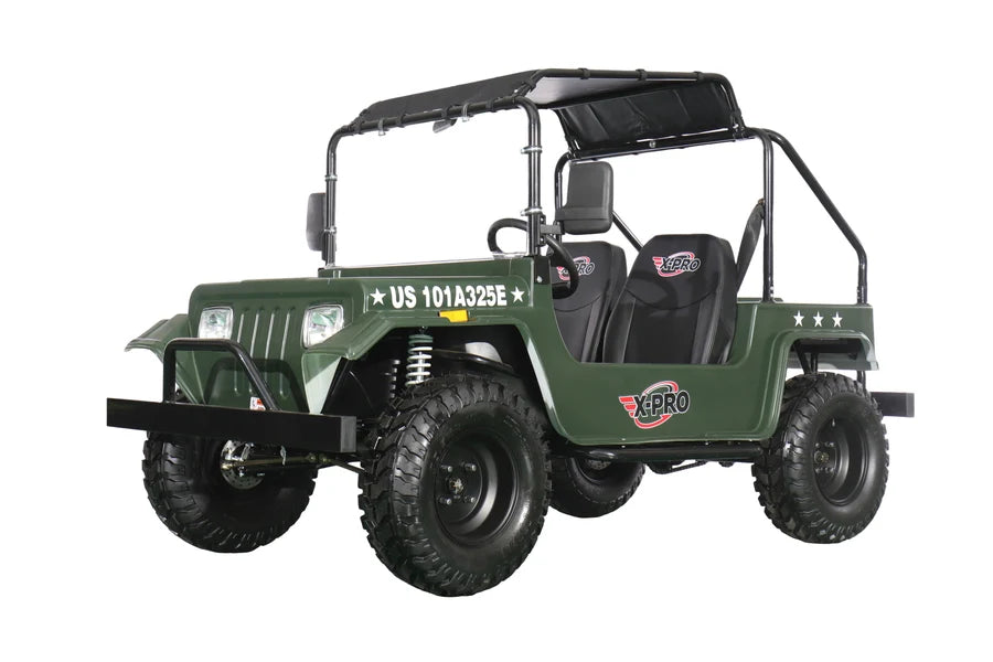 X-PRO Ridge 200 Jeep with CVT Transmission w/Reverse! with Windshield & Soft Top, 4-Wheel Disc Brakes, Big 20.5” Wheels!
