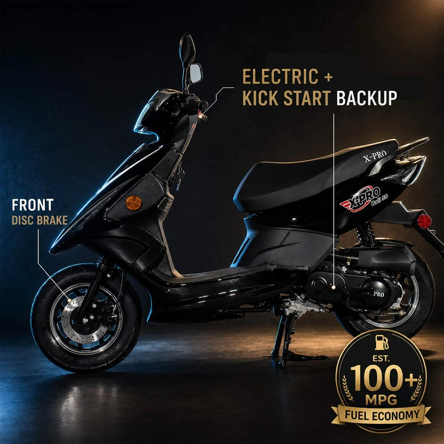 X-PRO Bali 50cc Moped Scooter with 10" Wheels! Electric/Kick Start! Large LED Headlights!
