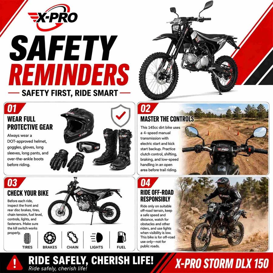 X-PRO Storm DLX 150 Dirt Bike with All Lights, 4-Speed Manual Transmission, Electric/Kick Start, Big 19in/16in Tires!
