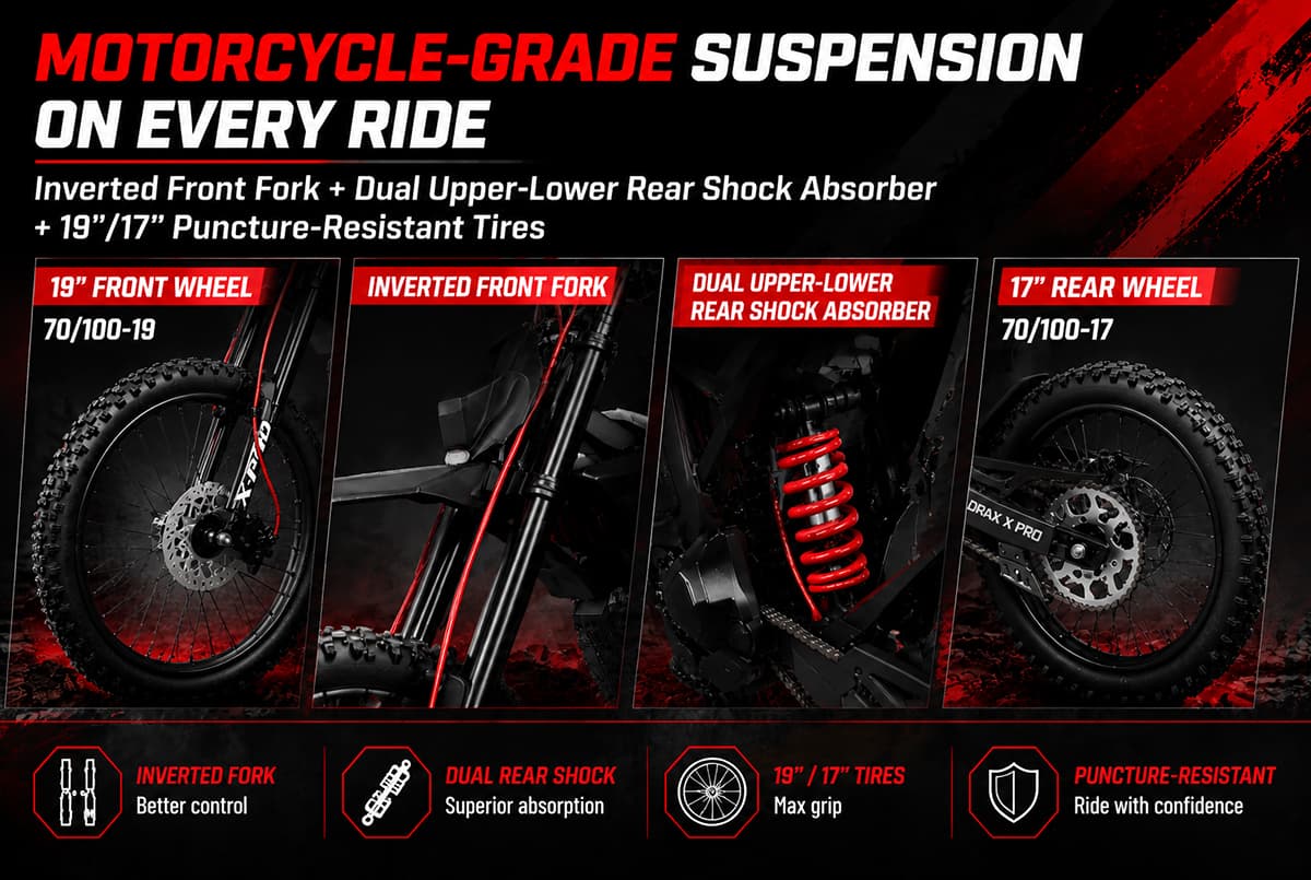 X-PRO DRAX X PRO 6600W 72V/30AH Teens Adults Electric Dirt Bike with Front LED Light! 19"/17" Wheels!