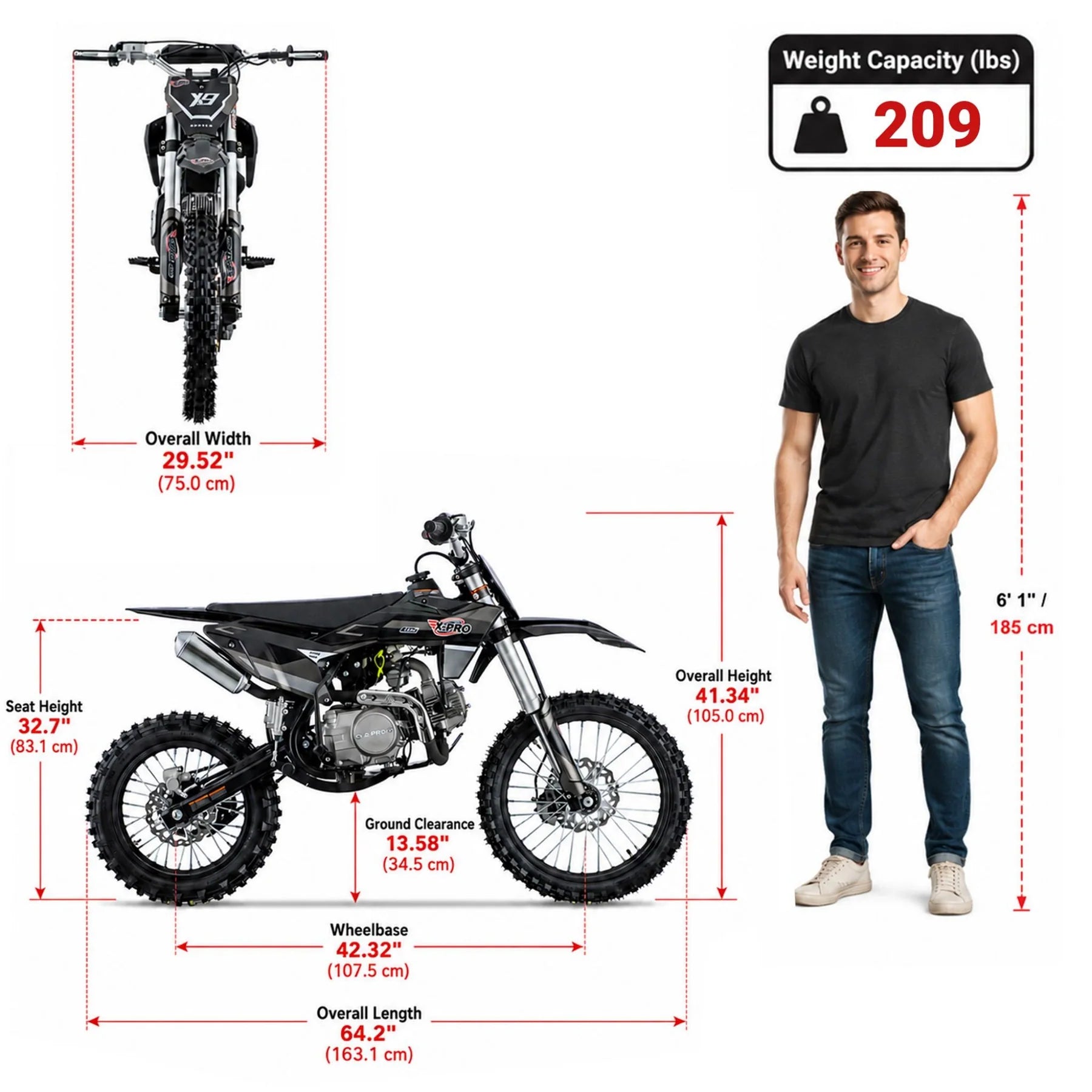 X-PRO X9 125cc Dirt Bike with 4-Speed Manual Transmission, Kick Start, Big 17in/14in Tires! Zongshen Brand Engine!